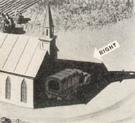 [FIGURE 27 (1) and (2). Right. Morning or late afternoon shadows are long and protective.  Park your vehicle in them.  But remember that shadows move. Be sure you move with them.]