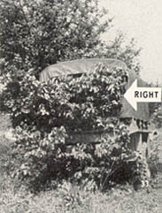 [FIGURE 30 (1) and (2). Right. The characteristic black shadow in the open end of a cargo truck can be seen for a considerable distance. One way to conceal this shadow is to drop the rear tarpaulin.  Another way is to use natural materials, as shown here.]